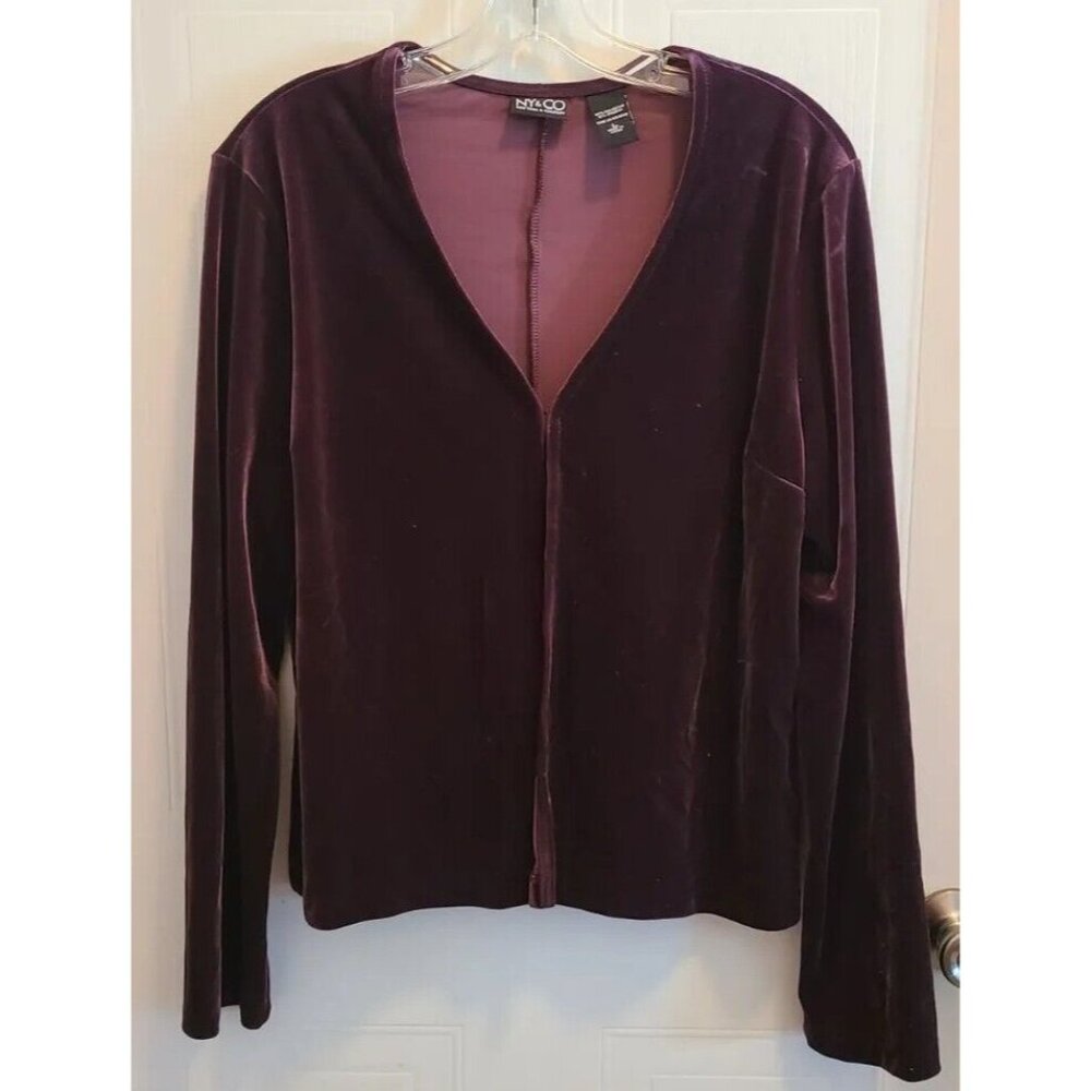 NY‎ & Co Women's Long Sleeve V Neck Hook Front Cardigan Top Sangria Velvet Sz L